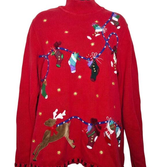 Vintage Basic Editions Holiday Sweater Size Large Red Christmas Reindeer Stockin - Picture 2 of 6